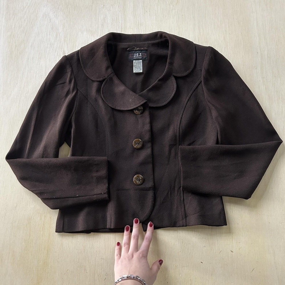 Vintage J.S.J. Blazer Jacket Womens Petites 6P Brown Crepe Collared Short Dressy